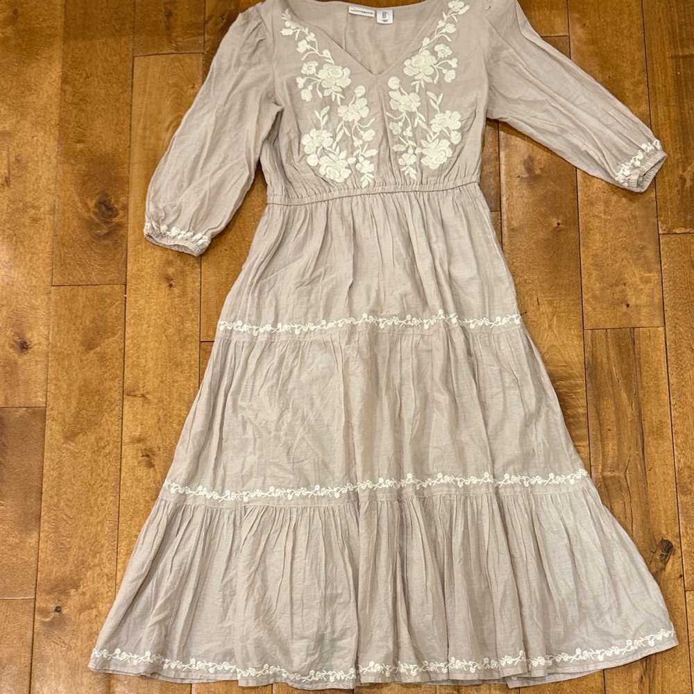 Lucky Brand Taupe Embroidered Midi Dress